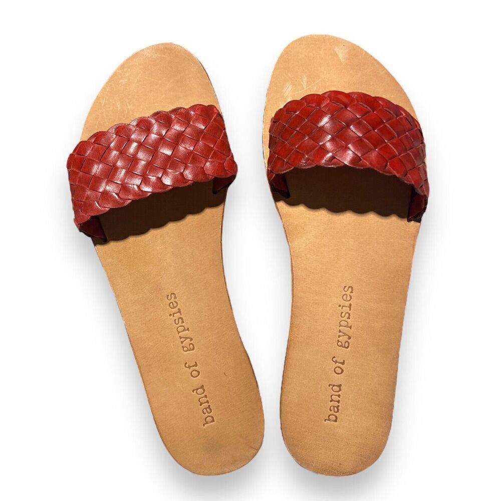 Band Of Gypsies Sandals WMNS 7 Red Malibu Braided Leather Slide Boho Slip On BOG
